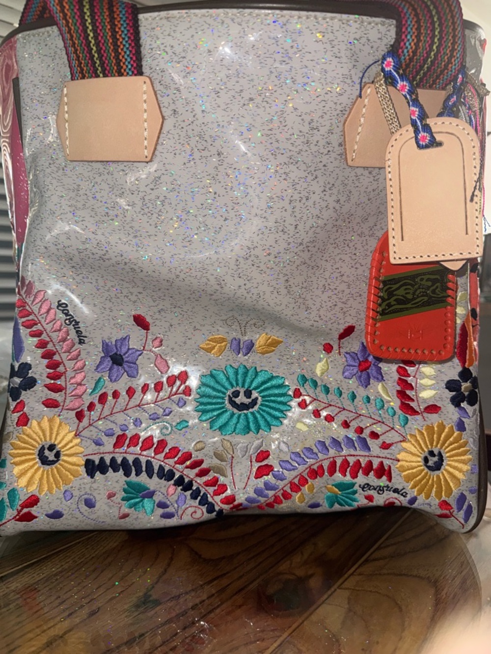 Gorgeous Consuela Multi Color Holographic Glitter Tote with Striped Handles